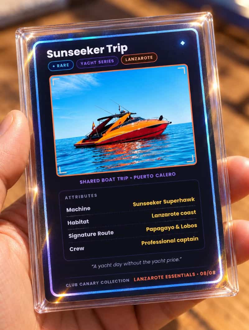 Club Canary collectible souvenir card for the Lanzarote Sunseeker shared boat trip, held in a protective sleeve