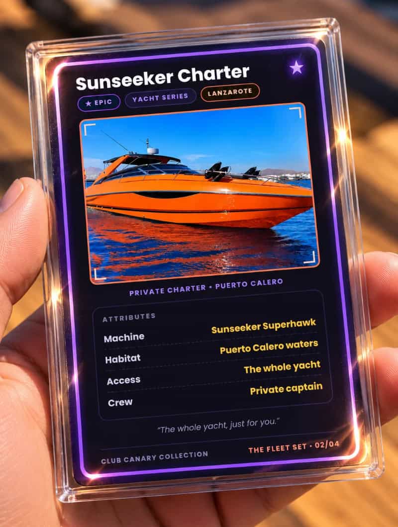 Club Canary collectible souvenir card for the private Sunseeker charter in Lanzarote