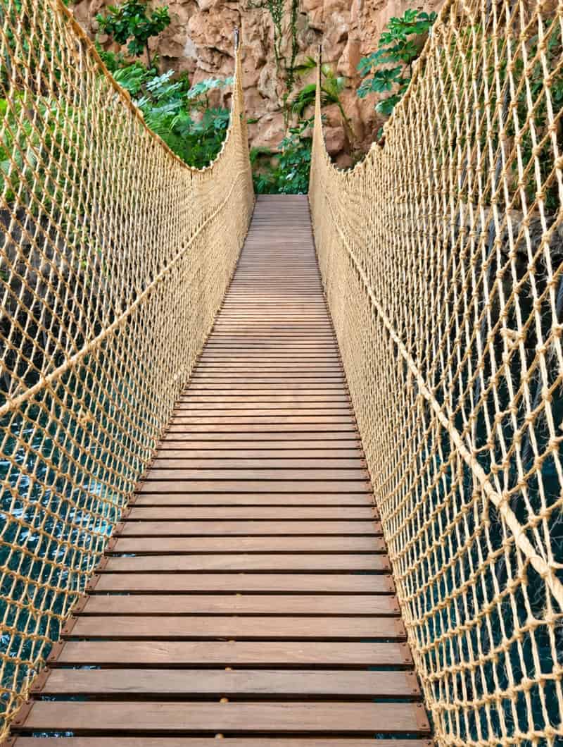 A wooden rope bridge over water in the jungle section of Poema del Mar, on a day trip from south Gran Canaria