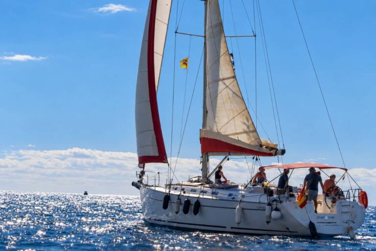 Vieraat rentoutuvat kannella pienryhmän valaiden katseluryhmän Atlantic Star aikana Teneriffalla