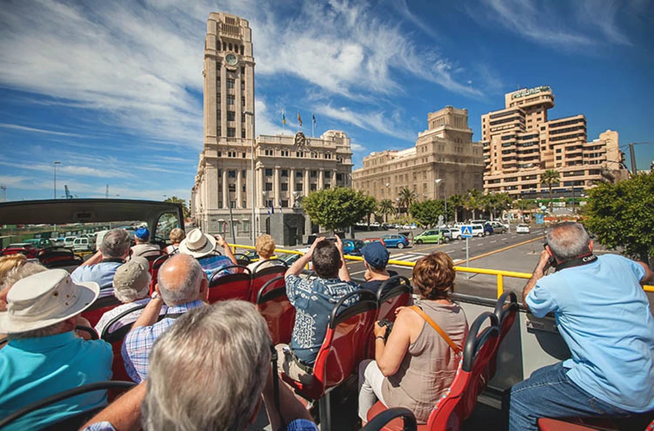 View from the top deck of the tourist bus over the streets of Santa Cruz de Tenerife